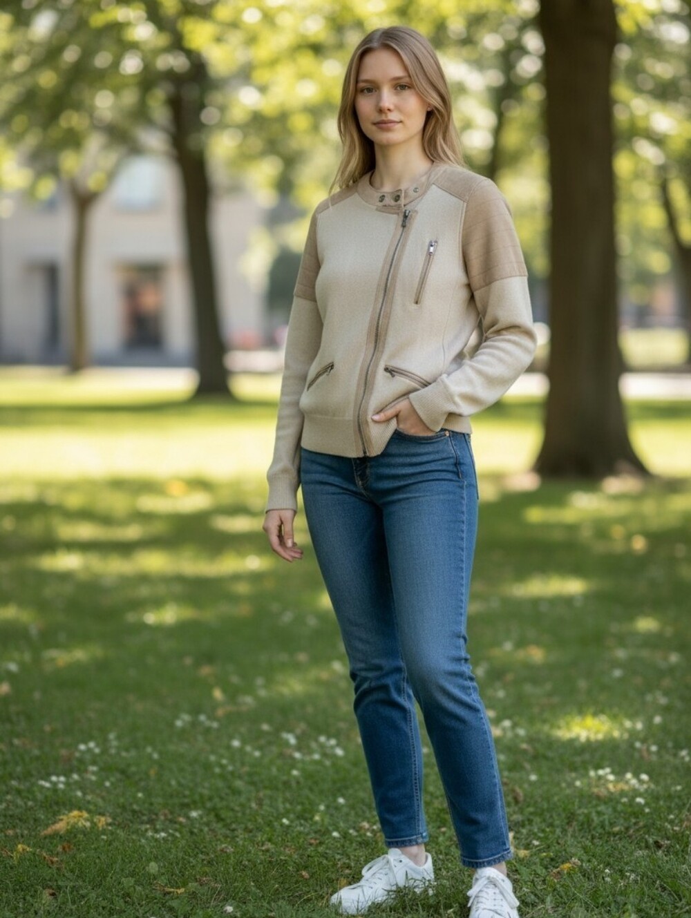 Beige Zip-Up Bomber Jacket - Neutral Two-Tone